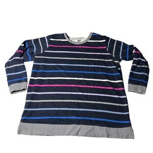 Lands End Serious Sweats Striped Sweatshirt Navy Pink Blue Womens 1X 16W-18W
